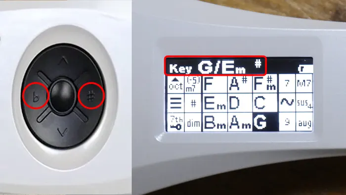 曲のキーに合わせます。この曲では [Key G/Em #] に、左右 #,b ボタンを押して合わせます