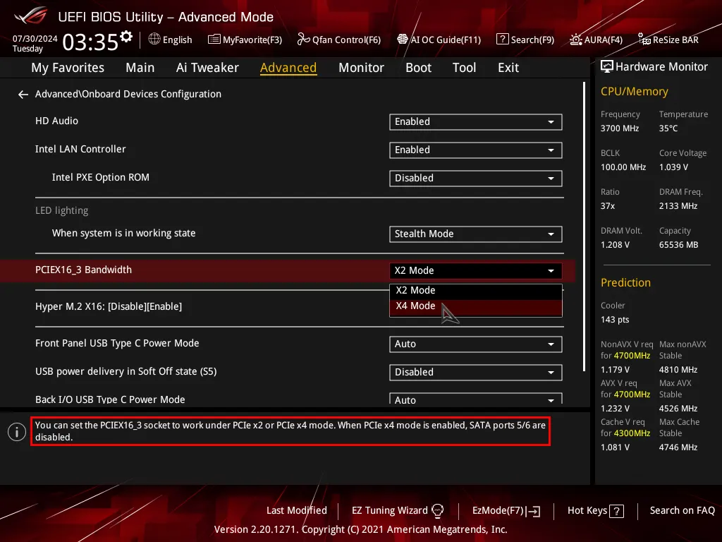 Advanced -> Onboard Devices Configuration PEIEx16_3 Bandwidth が 2X Mode に