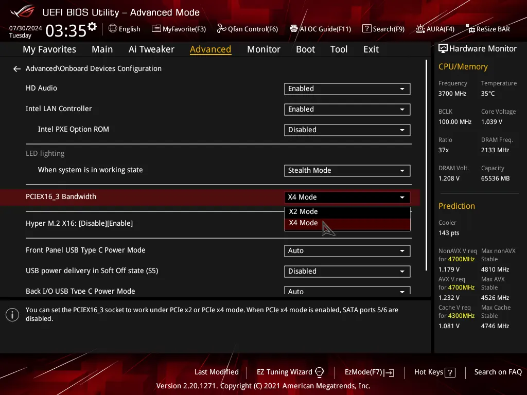 Advanced -> Onboard Devices Configuration PEIEx16_3 Bandwidth を 4X Mode に