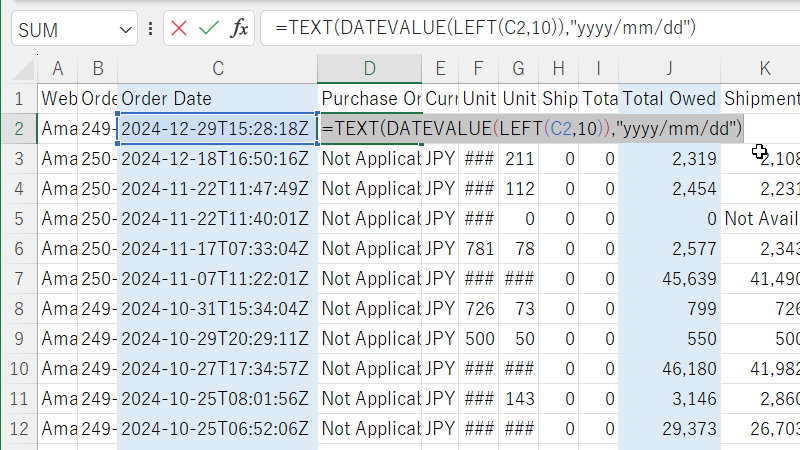 １番上の日付の項目の隣に以下関数を入力する。 =TEXT(DATEVALUE(LEFT(C2,10)),"yyyy/mm/dd")