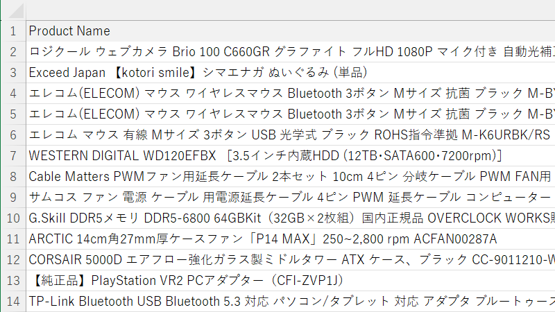 Product Name の項目に商品名が入っているので、分かりやすい位置に移動させる