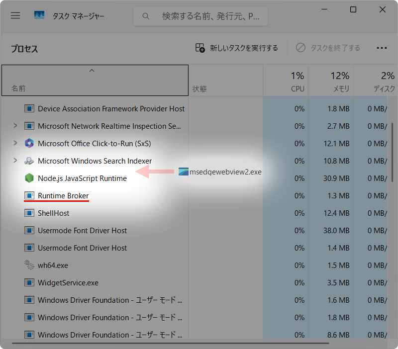 タスクマネージャーのプロセスで msedgewebview2 と RuntimeBroker が起動しないか10分ほど見張る