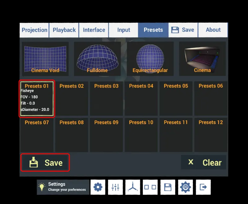 Presetsタブ から、Presets 01 ～ 12 を選択して Save をクリックすると、設定値を保存しておき、Presetsをクリックするだけで保存しておいた設定を選ぶことができます。