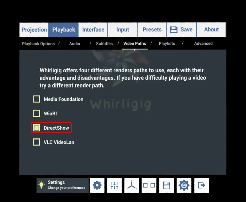 Playbackタブ -> Video Paths で、レンダーパスを変更します。