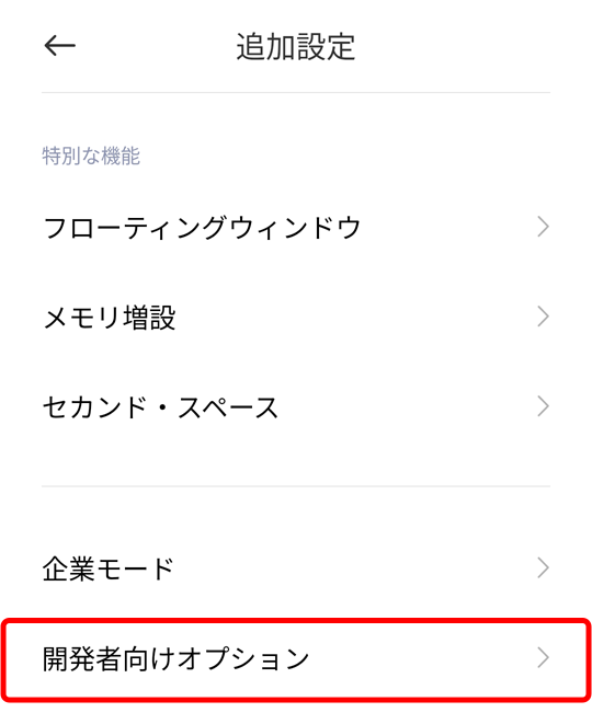 追加設定 -> 開発者向けオプション