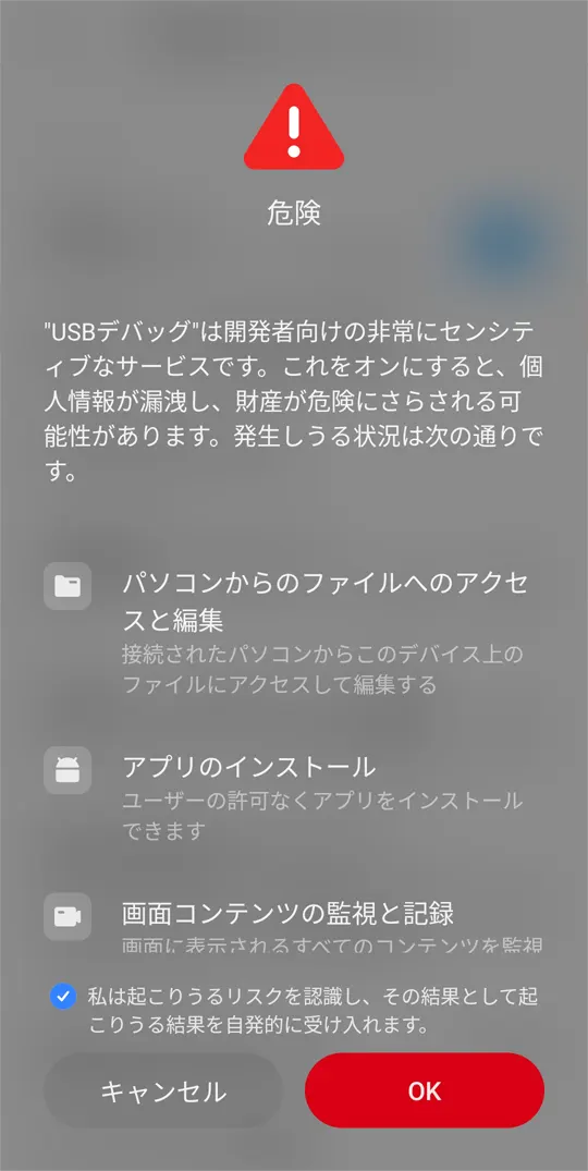 警告が表示される。表示内容に同意の上、チェックを入れ、OKを押す。