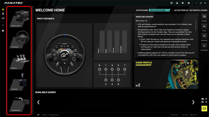 FANATEC APPの左側に接続されている機器が表示されます。