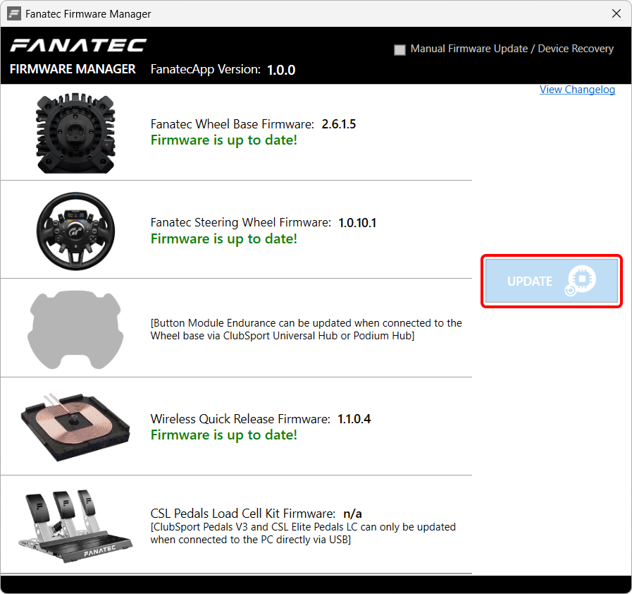 これまでとお馴染みのファームェアアップデートのウィンドウが開きます。UPDATEボタンを押して、ファームウェアの更新をします。