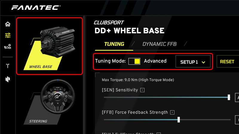 左側の一覧から、まず WHEEL BASE を選択して設定しましょう。TUNINGタブで設定して行きます。