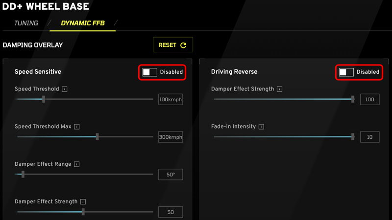 DYNAMIC FFBタブ については設定せず、Speed Sensitiv も Driving Reverse も Disabled にしておきましょう。